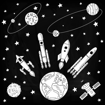 Space ships fly away from the Earth to other planets. Planets and satellites, rockets flying into space. Vector illustration