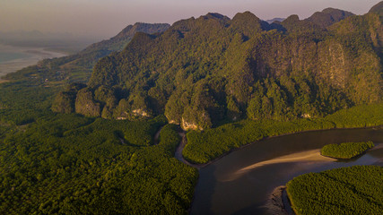 Aerial view of Ao Thalane near Krabi, Ao Tha Lane famous place for kayak on the river with mountain...
