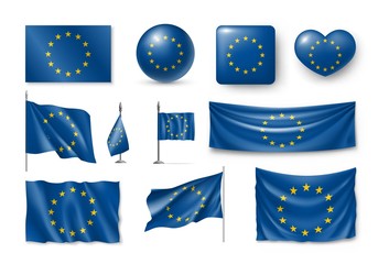 Set European Union flags, banners, banners, symbols, realistic icon. Vector illustration of collection of national symbols on various objects and state signs