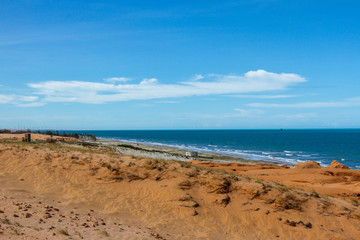 Canoa Quebrada, Brazil, January 2018 - View of red sanstone formation and a wind farm