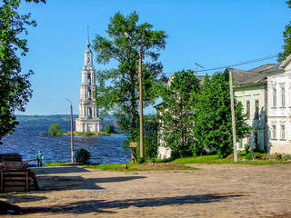 Kalyazin. Karl Marx street with a view of the belfry of the Cathedral of St. Nicholas. Russia