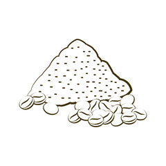 Ground coffee and coffee beans hand drawing black and white contour illustration. A natural product is a sketch.