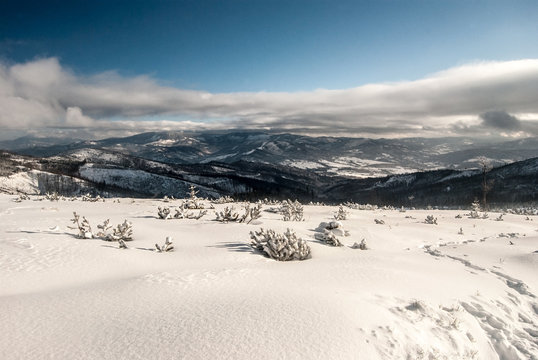 winter Beskid Zywiecki mountains from hiking trail near Magurka Wislanska hill in Beskid Slaski mountains in Poland