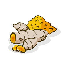 Root of turmeric and flour emblem for decoration of food, ingredients.