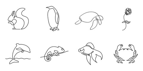 Collection of one line logos or icons. Includes squirrel pinguin turtle rose dolphin chameleon fish and crab minimalistic illustartions