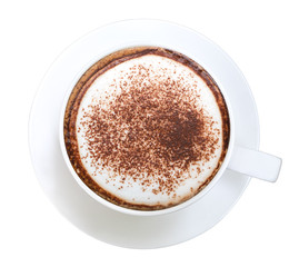 Top view of hot coffee latte cappuccino isolated on white background, clipping path included