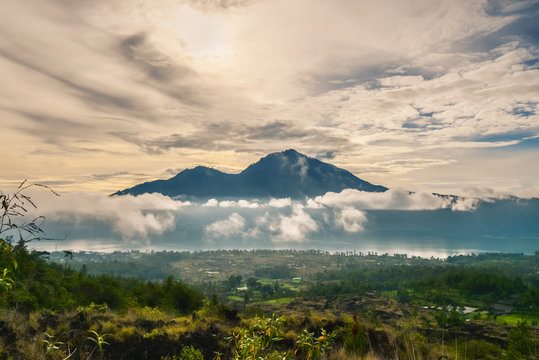Beautiful view on mountians at sunrise on Bali