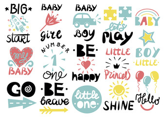 15 children s logo with handwriting Little one, Hello baby, Shine, Girl, Boy, Be brave, happy, GO, Big start, Lets play