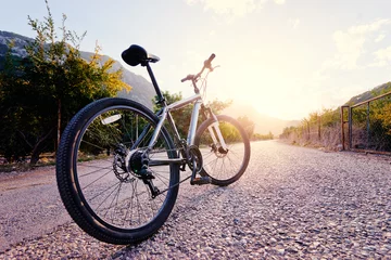 Photo sur Plexiglas Vélo Healthy lifestyle. Close up of mountain bicycle on the road against sunny sky.