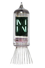 The real Nixie tube indicator of the alphabet of retro style, isolated on white background. Display with green backlight. Letter N