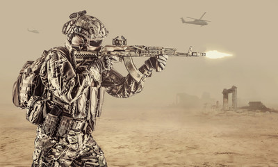 Operator of Russian special operations forces with kalashnikov assault rifle, military backpack and...