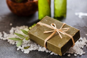 Natural handmade olive soap, selective focus