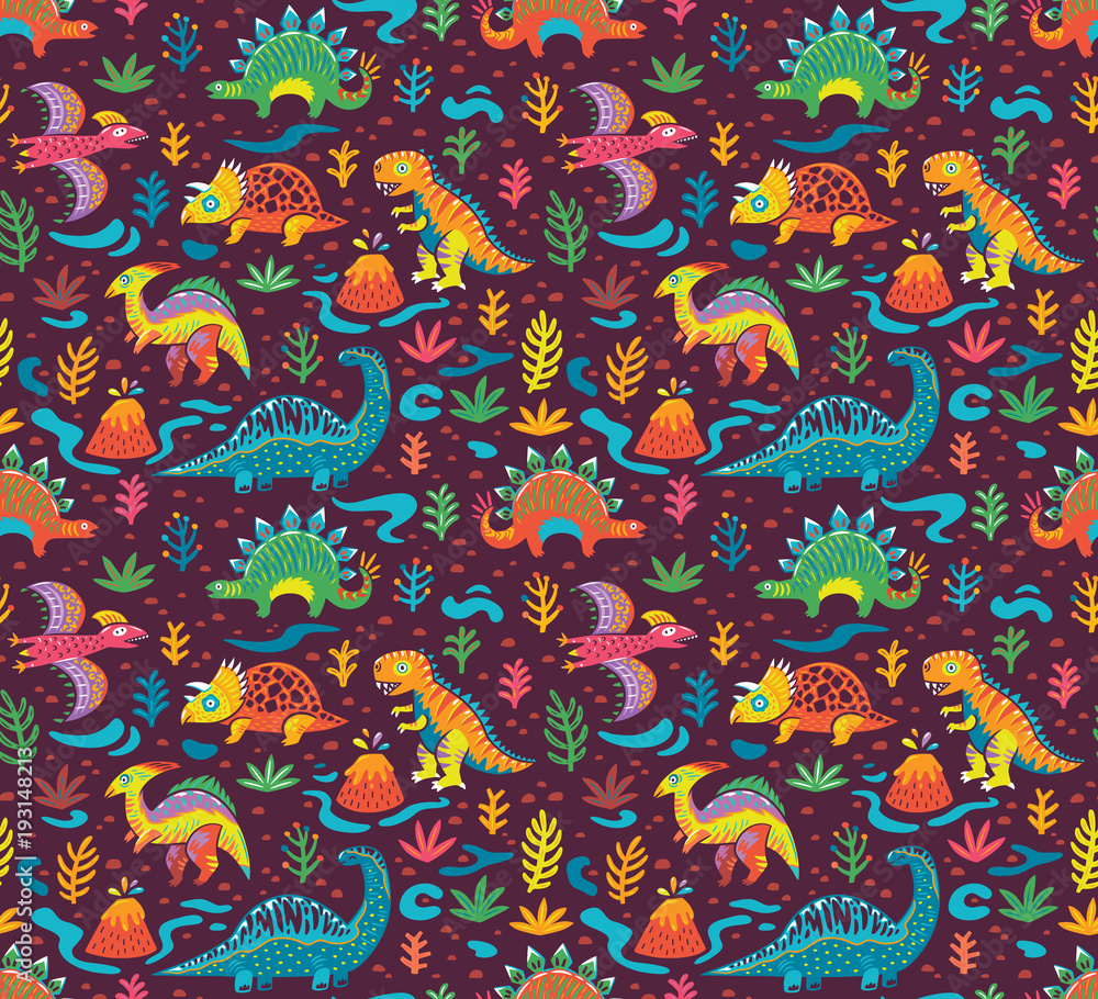 Wall mural Seamless pattern with cute little cartoon dinosaurs and flowers. Ideal for kids, art prints and surface