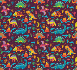 Seamless pattern with cute little cartoon dinosaurs and flowers. Ideal for kids, art prints and surface