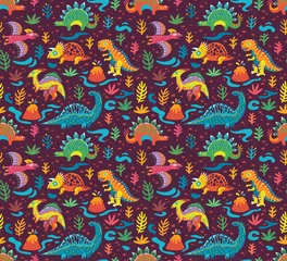 Abwaschbare Fototapete Jungenzimmer Nahtloses Muster mit niedlichen kleinen Cartoon-Dinosauriern und Blumen. Ideal für Kinder, Kunstdrucke und Oberflächen
