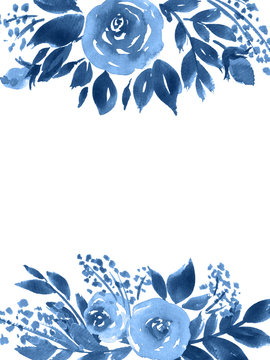 Indigo blue watercolor flowers. Hand painted greeting card with roses and leaves