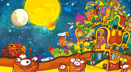 cartoon scene with some funny looking alien flying in alien machine - white background - illustration for children