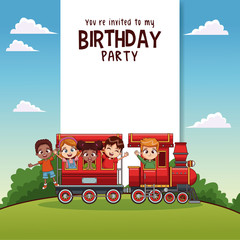 Happy birthday card with kids on train vector illustration graphic design