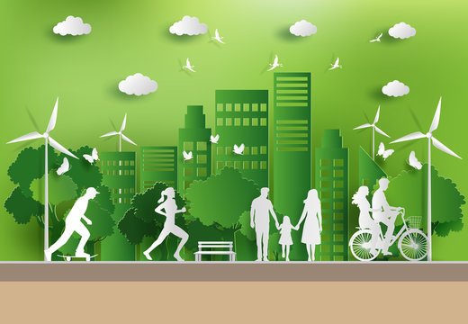 Paper art style of landscape with eco green city, people enjoy fresh air in the park, save the planet and energy concept, flat-style vector illustration.