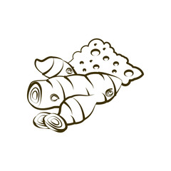 Root of turmeric and flour emblem for decoration of food, ingredients.