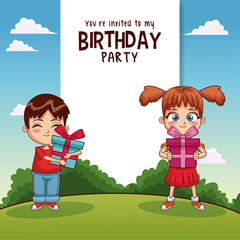 Happy birthday card with kids and gifts vector illustration graphic design