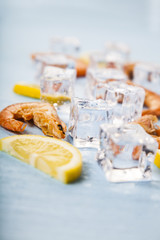 Fresh shrimp with lemon on ice