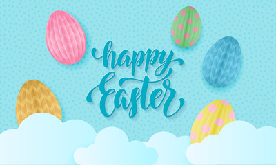 Happy Easter text lettering with cute color paper cut Easter egg and clouds on blue sky background. Vector Easter greeting card text with cartoon papercut illustration for poster, banner or flyer