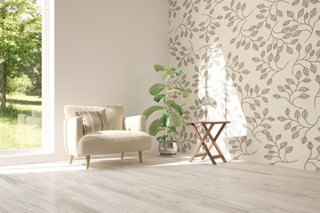 Idea of white room with armchair and summer landscape in window. Scandinavian interior design. 3D illustration