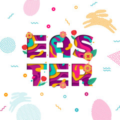 Obraz premium Vector Easter banner of paper cut text lettering with spring cherry and tulip flowers. Papercut Easter poster with modern colored egg and bunny pattern on white background for banner template