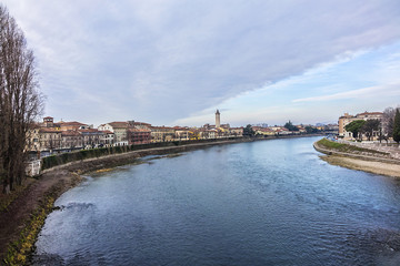 Beautiful panorama of Adige River waterfront in Verona, Italy.