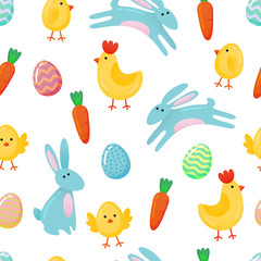 Vector Easter seamless pattern background with cute paper cut colored ornate eggs, cartoon chick and chiken, Easter banny, rabbit isolated on white background. Funny cartoon Easter pattern template