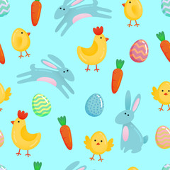 Vector Easter seamless pattern background with cute paper cut colored ornate eggs, cartoon chick and chiken, Easter banny, rabbit on fresh blue green background. Funny Easter pattern template
