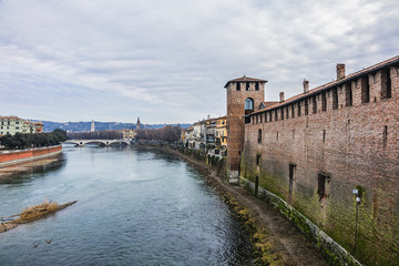 Beautiful panorama of Adige River waterfront in Verona, Italy.