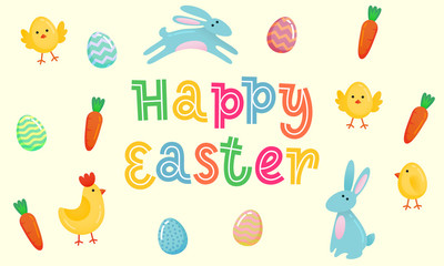 Happy Easter vector cute banner with colored ornate eggs, cartoon chiken and Easter banny, rabbit on yellow paper background. Funny Easter poster, banner template for joy fun family celebration
