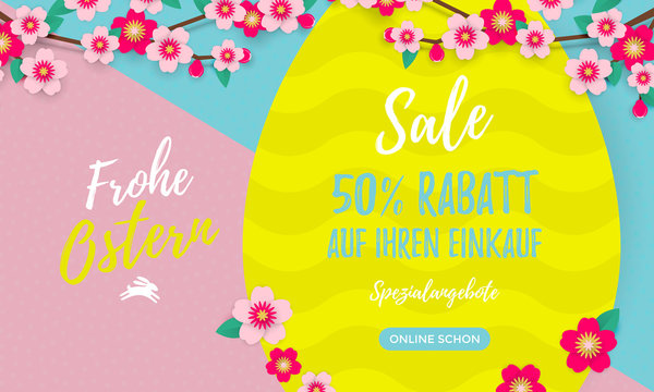 Happy Easter Sale German poster with paper cut Easter egg and cherry flowers or apple tree spring blossom design on bright yellow, blue and pink color paper background. Easter online web shop banner