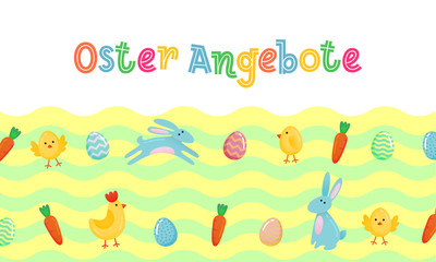 Easter sale vector German cute banner with colored ornate eggs, cartoon chiken and Easter banny, rabbit on green spring grass field wave background. Funny sale Easter poster, banner template.