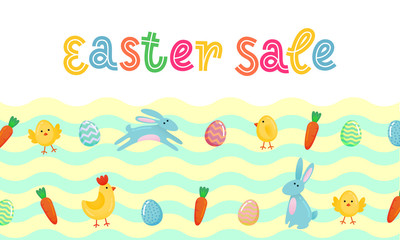Easter sale vector cute banner with colored ornate eggs, cartoon chiken and Easter banny, rabbit on green spring grass field wave background. Funny sale poster, banner, flyer design template