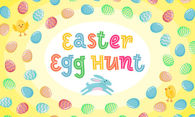 Easter egg hunt vector poster with jumping Easter banny and colored ornate egg on yellow gradient background. Funny cartoon invitation party poster, banner, flyer for Easter joy fun family celebration