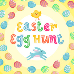 Easter egg hunt vector poster with jumping Easter banny and colored ornate egg on yellow gradient background. Funny cartoon invitation party poster, banner, flyer for Easter joy fun family celebration