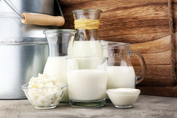 milk products. tasty healthy dairy products on a table on