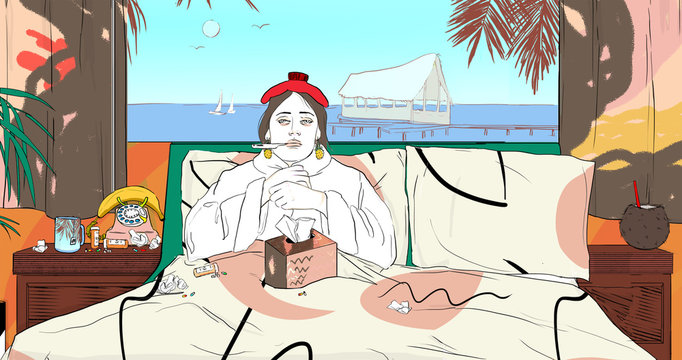 Illustration of sick woman sitting on bed at home