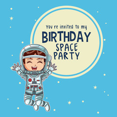 Fototapeta premium Happy birthday invitation card, astronauts kids cartoons vector illustration graphic design childhood space party
