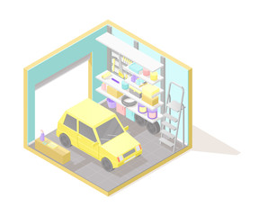 Vector isometric low poly cutaway interior illustartion. Garage this yellow car, ladder, shelves and tools. Automobile service