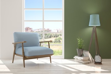 Idea of white room with armchair and summer landscape in window. Scandinavian interior design. 3D illustration
