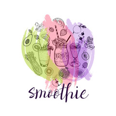 Obraz premium Set of hand drawn sketch style smoothie with fruits and vegetables. Isolated vector illustration.