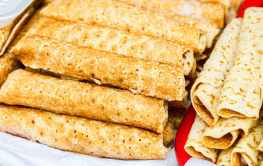 Russian traditional food. Appetizing fried pancakes on the Pancake Week