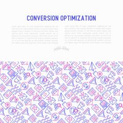 Conversion optimization concept with thin line icons: marketing, customer management, SEO technology, website promotion, visitors, sales funnel, web traffic. Modern vector illustration for print media