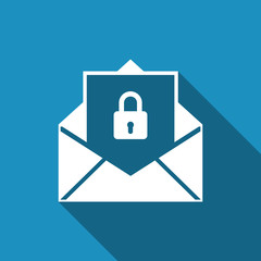 Secure mail icon isolated with long shadow. Mailing envelope locked with padlock. Flat design. Vector Illustration