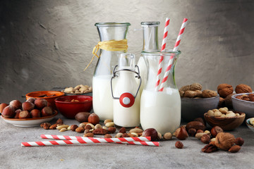 Alternative types of milks. Vegan substitute dairy milk.