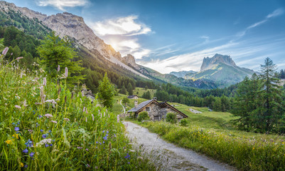 Alpine scenery with mountain chalets at sunset in summer